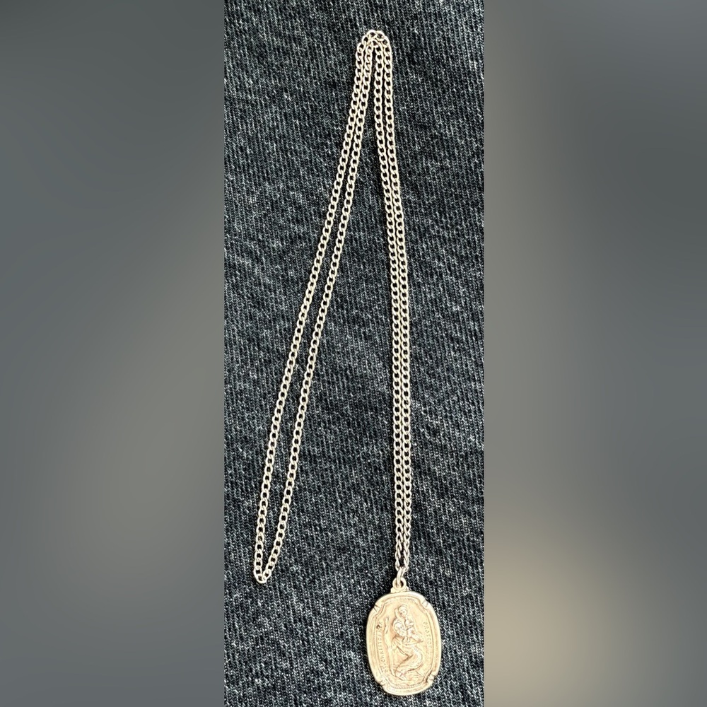 St. Christopher Necklace Sterling Silver Medal on 24" Stainless Steel Chain - Picture 6 of 9
